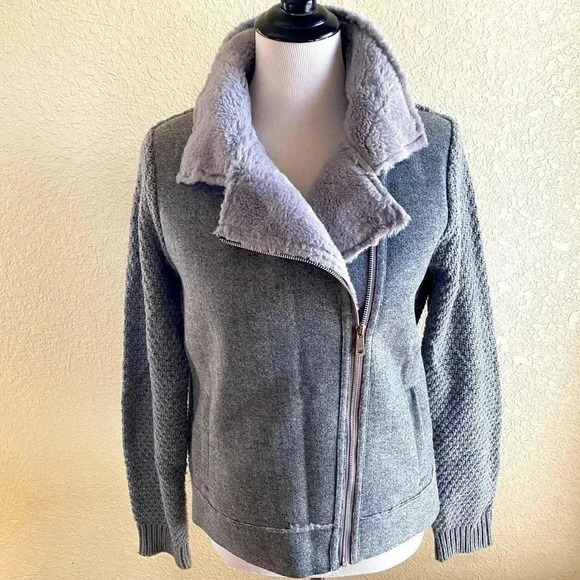 Love Token Jackets & Blazers - Love token Asymmetric Full Zip Faux Fur Lined Sweater Knit Jacket Gray: M